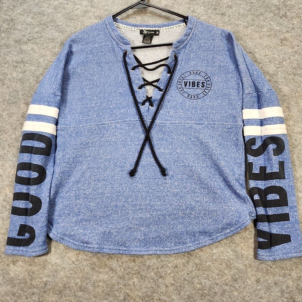 Miss Chievous Sweater Womens‎ Medium Blue Spell Out Lace Up Good Vibes Casual